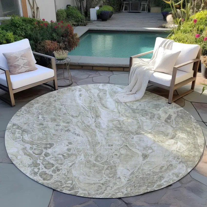 8' Tan Brown And Beige Round Abstract Washable Indoor Outdoor Area Rug Photo 6