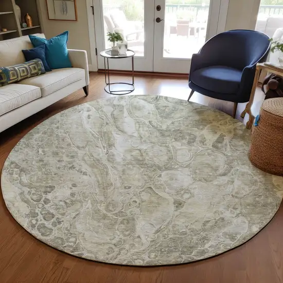 8' Tan Brown And Beige Round Abstract Washable Indoor Outdoor Area Rug Photo 7