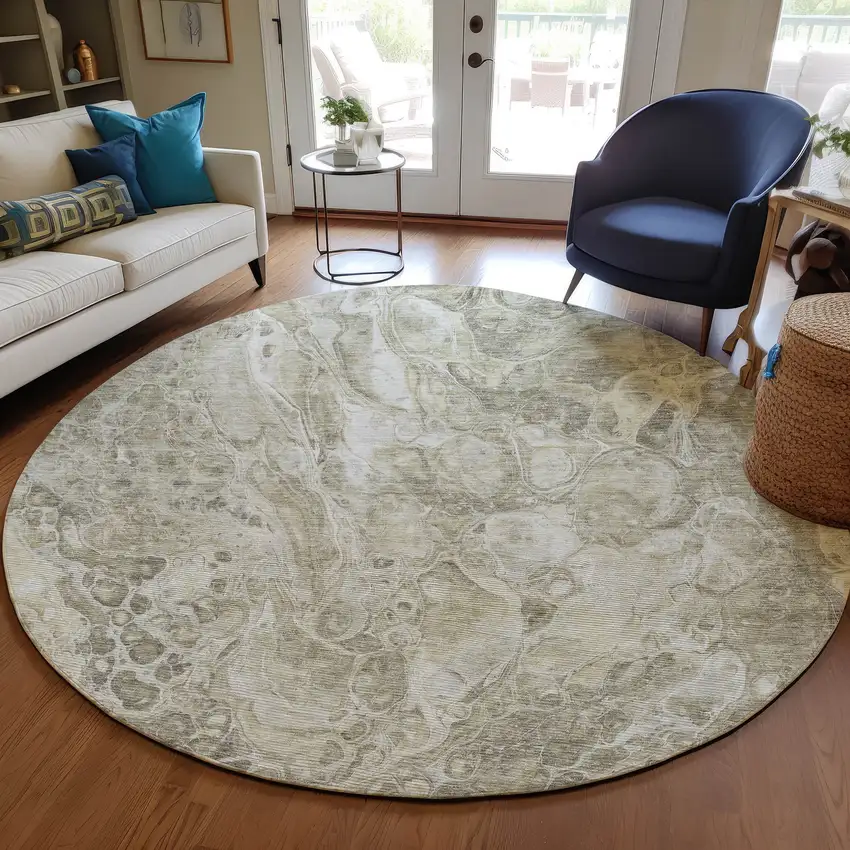 8' Tan Brown And Beige Round Abstract Washable Indoor Outdoor Area Rug Photo 7