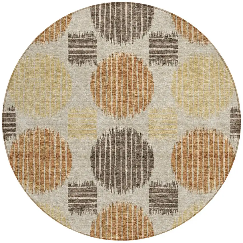 8' Tan Brown And Beige Round Geometric Washable Indoor Outdoor Area Rug Photo 5