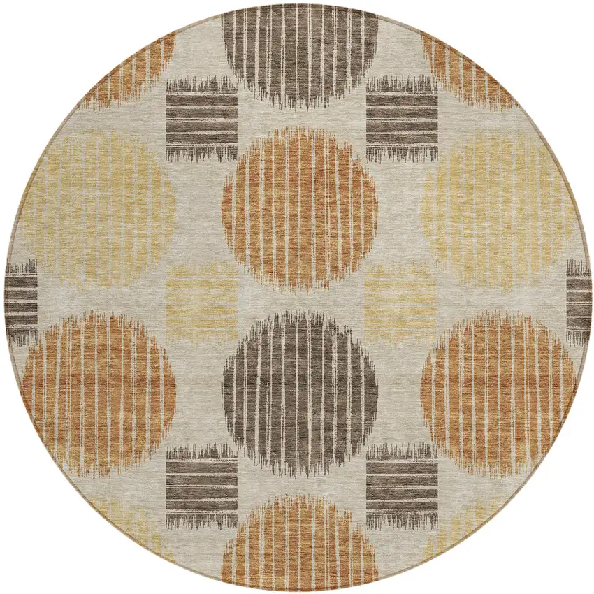 8' Tan Brown And Beige Round Geometric Washable Indoor Outdoor Area Rug Photo 2