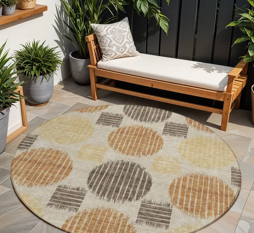 8' Tan Brown And Beige Round Geometric Washable Indoor Outdoor Area Rug Photo 1