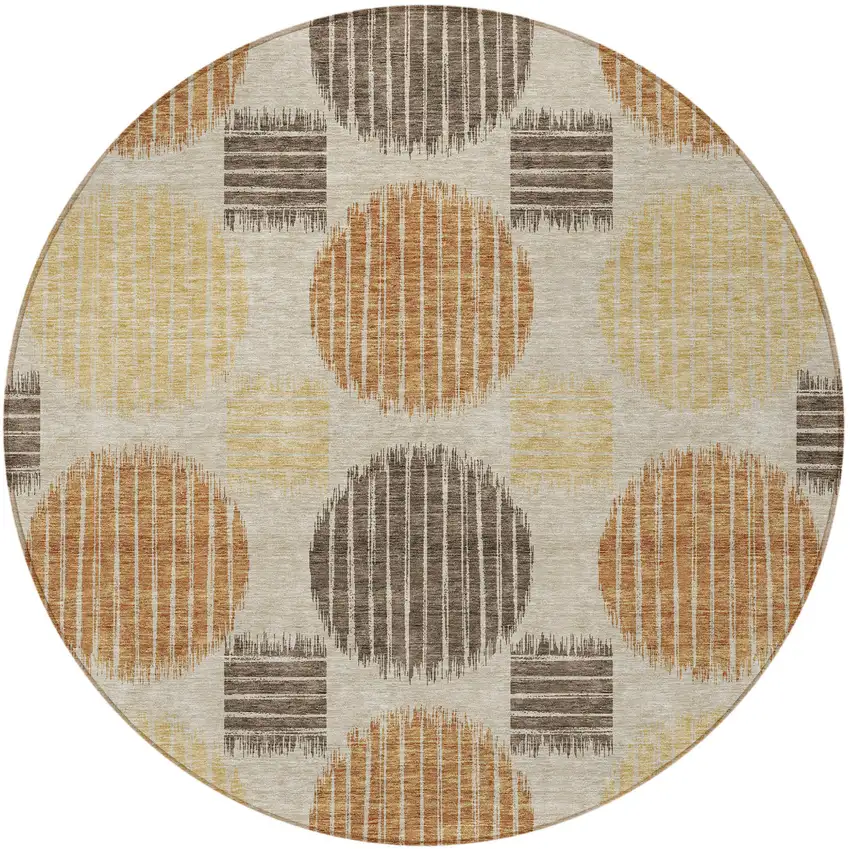 8' Tan Brown And Beige Round Geometric Washable Indoor Outdoor Area Rug Photo 6