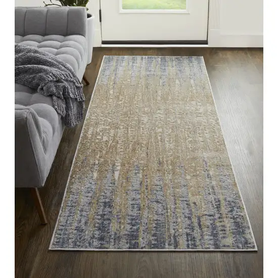 10' Tan Brown And Blue Abstract Power Loom Distressed Runner Rug Photo 4