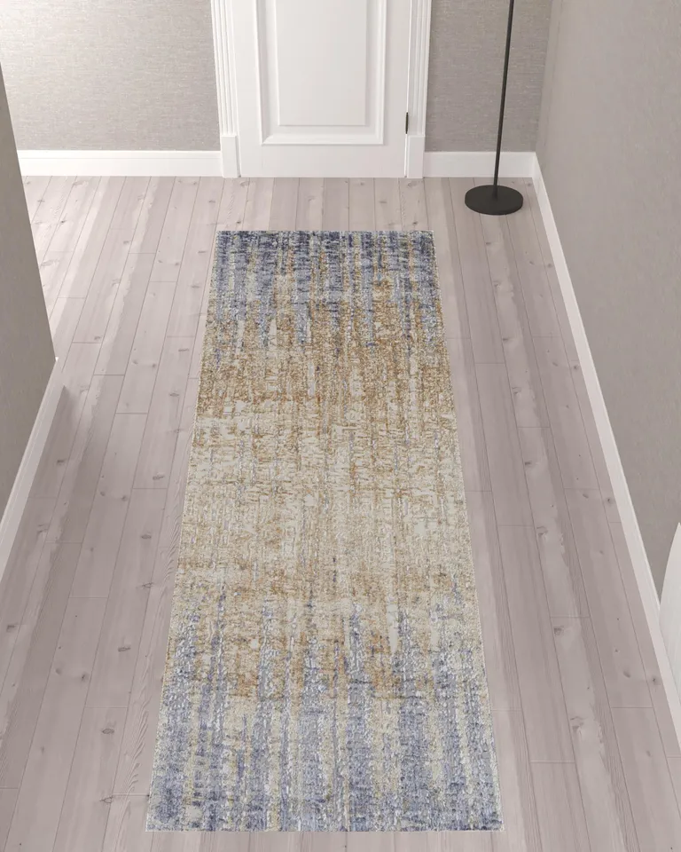 10' Tan Brown And Blue Abstract Power Loom Distressed Runner Rug Photo 2