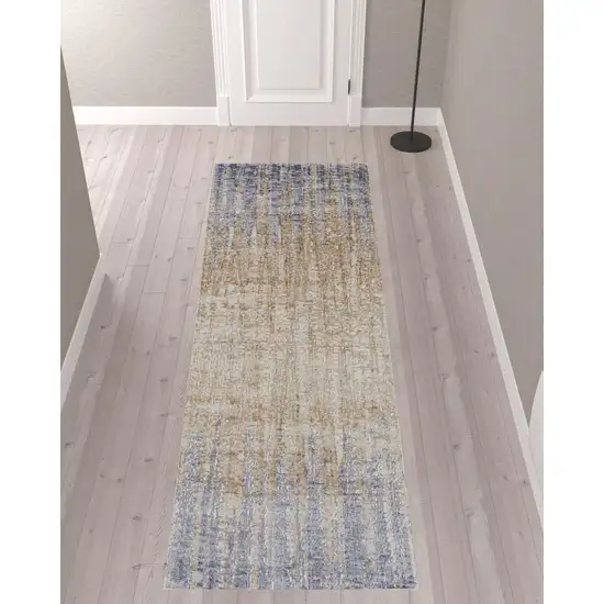 10' Tan Brown And Blue Abstract Power Loom Distressed Runner Rug Photo 2
