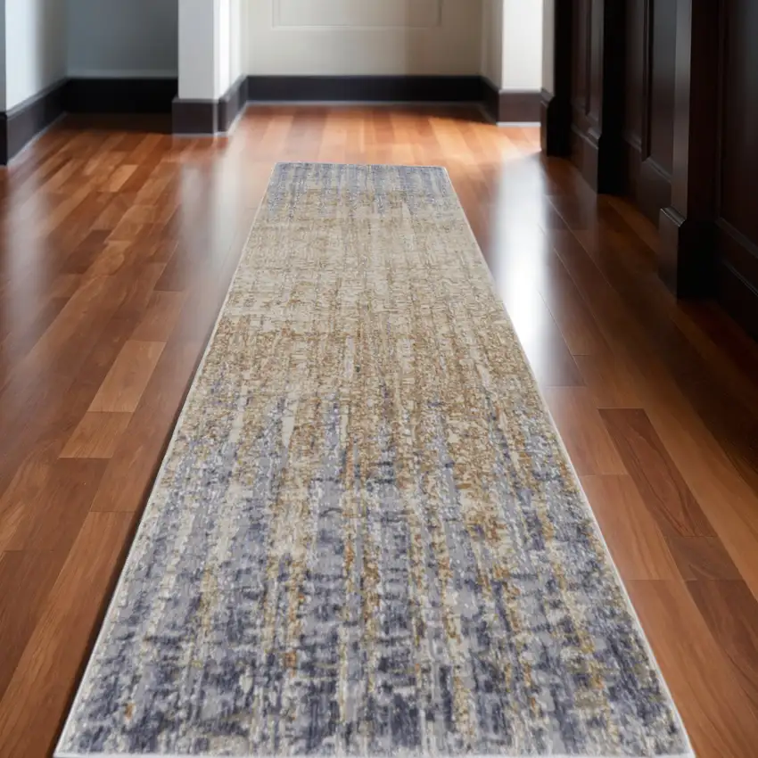 12' Tan And Blue Abstract Distressed Runner Rug Photo 1