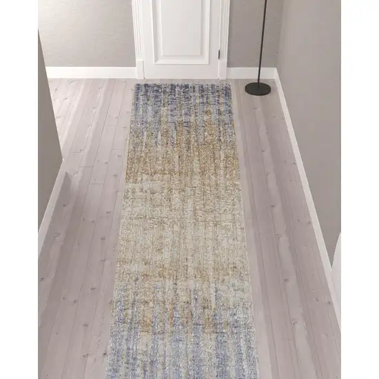 12' Tan Brown And Blue Abstract Power Loom Distressed Runner Rug Photo 2
