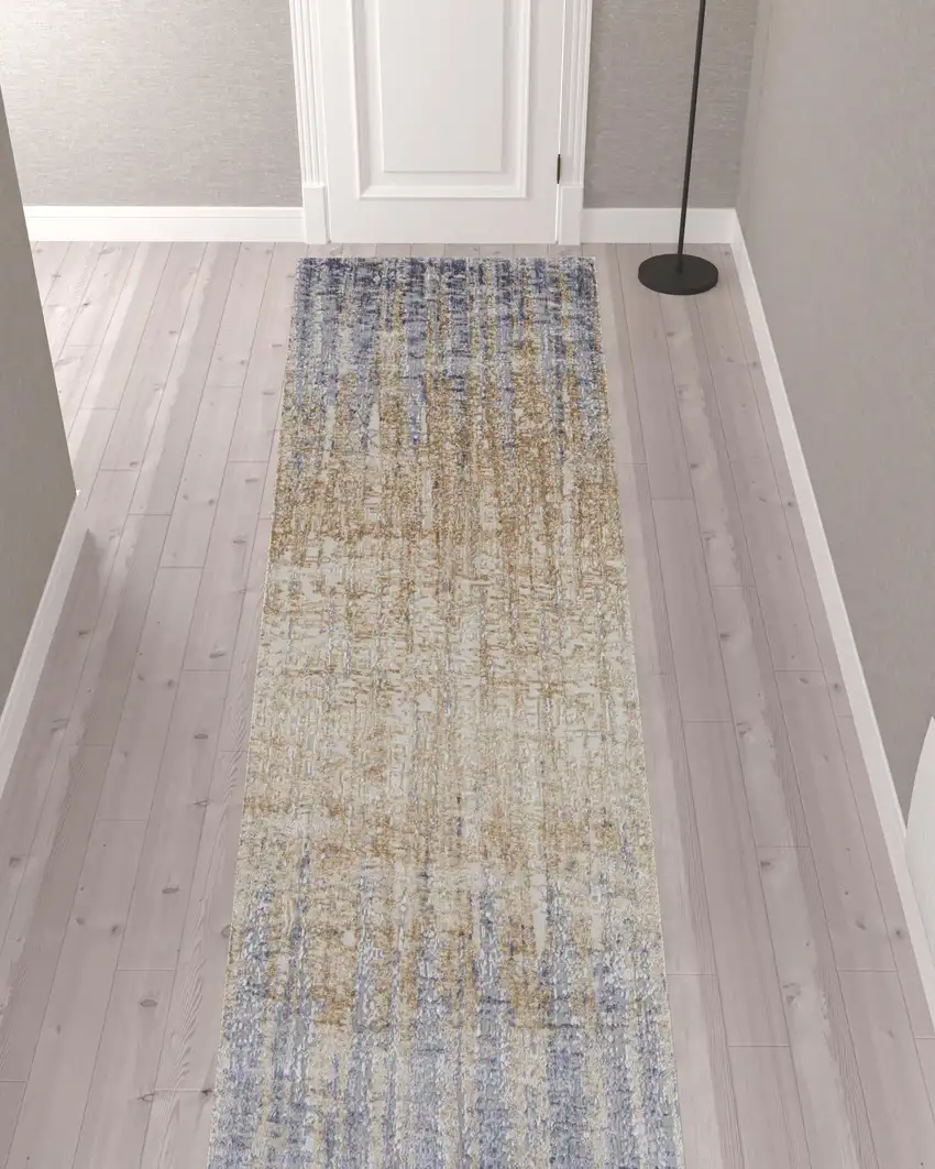 12' Tan Brown And Blue Abstract Power Loom Distressed Runner Rug Photo 2