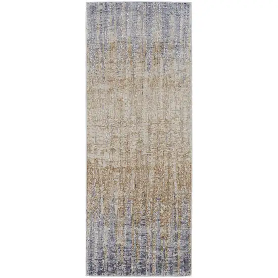 12' Tan Brown And Blue Abstract Power Loom Distressed Runner Rug Photo 1