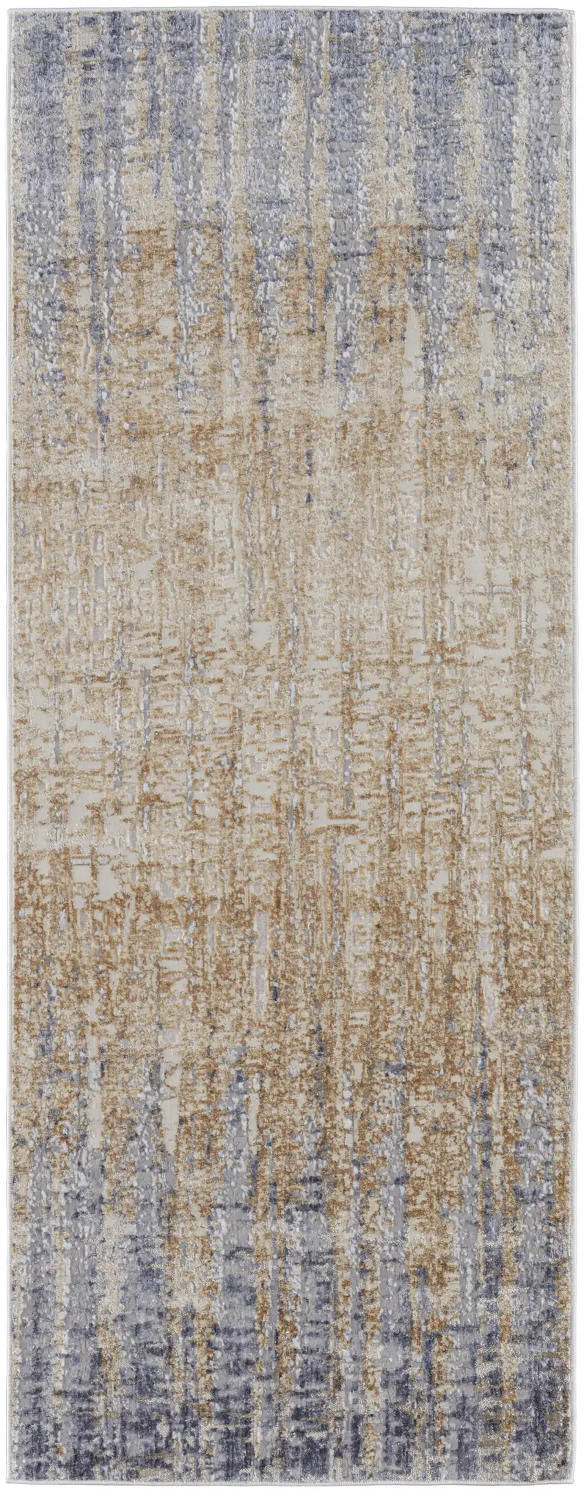 12' Tan Brown And Blue Abstract Power Loom Distressed Runner Rug Photo 1