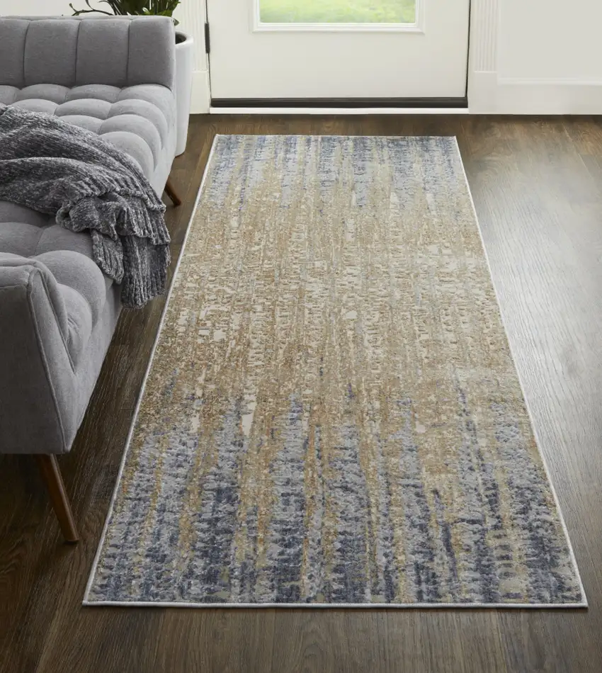 12' Tan Brown And Blue Abstract Power Loom Distressed Runner Rug Photo 4