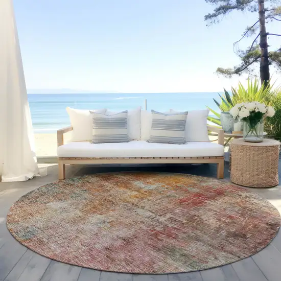 8' Tan Copper And Terra Cotta Round Abstract Washable Indoor Outdoor Area Rug Photo 6