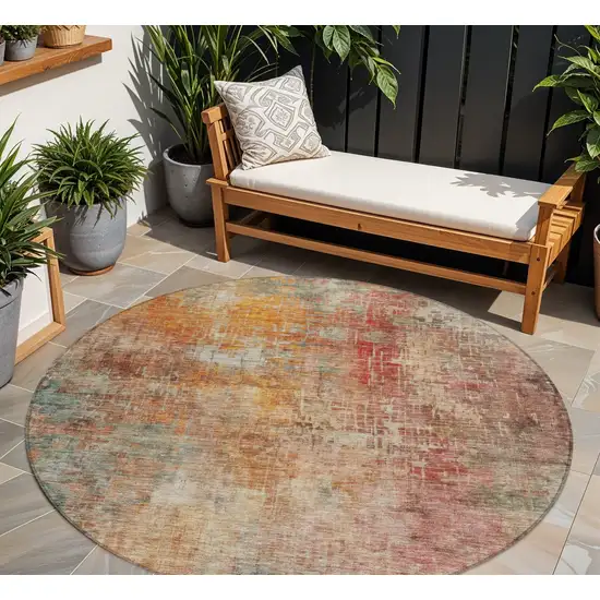 8' Tan Copper And Terra Cotta Round Abstract Washable Indoor Outdoor Area Rug Photo 1