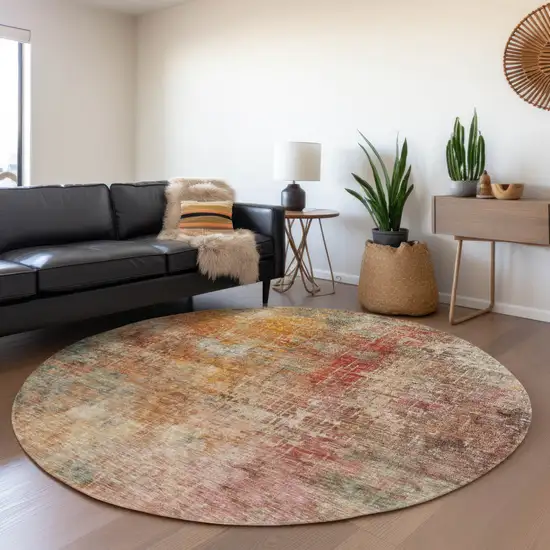 8' Tan Copper And Terra Cotta Round Abstract Washable Indoor Outdoor Area Rug Photo 7