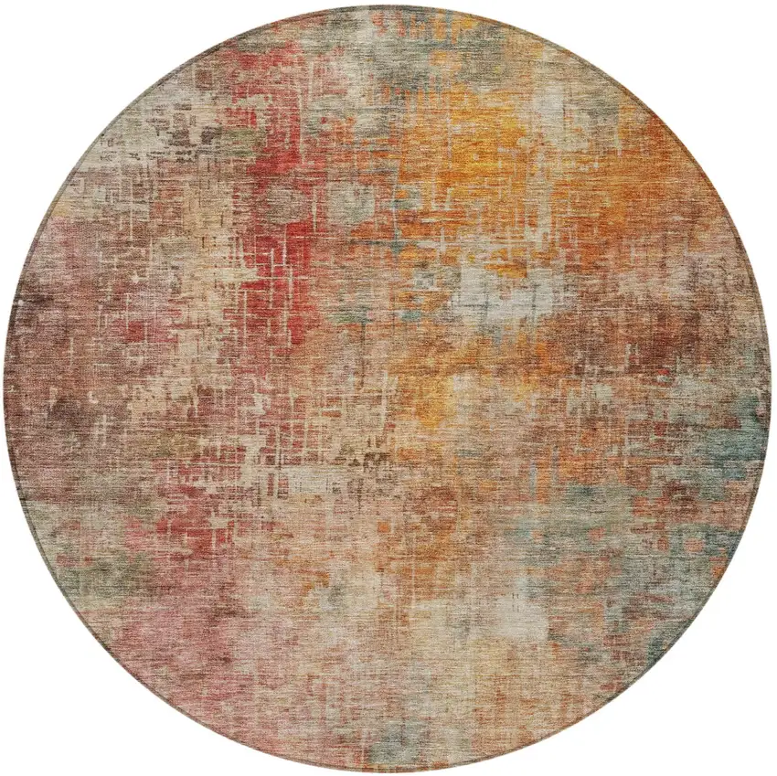 8' Tan Copper And Terra Cotta Round Abstract Washable Indoor Outdoor Area Rug Photo 5