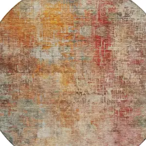 Photo of 8' Tan Copper And Terra Cotta Round Abstract Washable Indoor Outdoor Area Rug