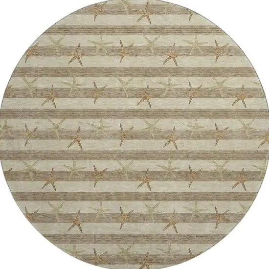 8' Tan Gold And Beige Geometric Washable Round Rug With UV Protection Photo 4
