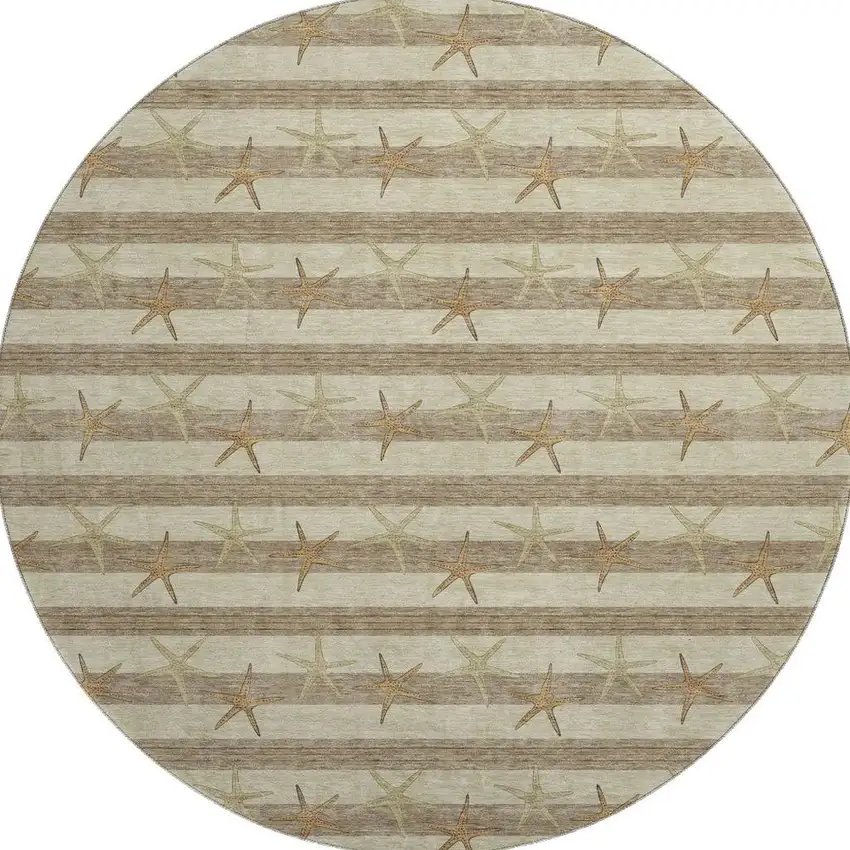 8' Tan Gold And Beige Geometric Washable Round Rug With UV Protection Photo 4