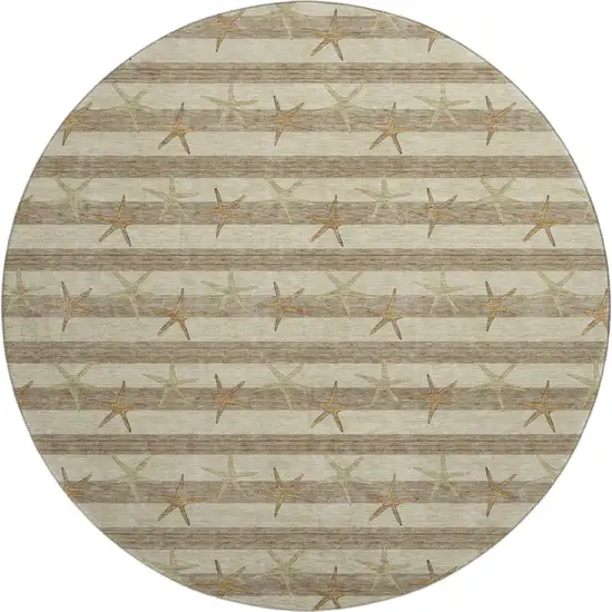 8' Tan Gold And Beige Geometric Washable Round Rug With UV Protection Photo 1