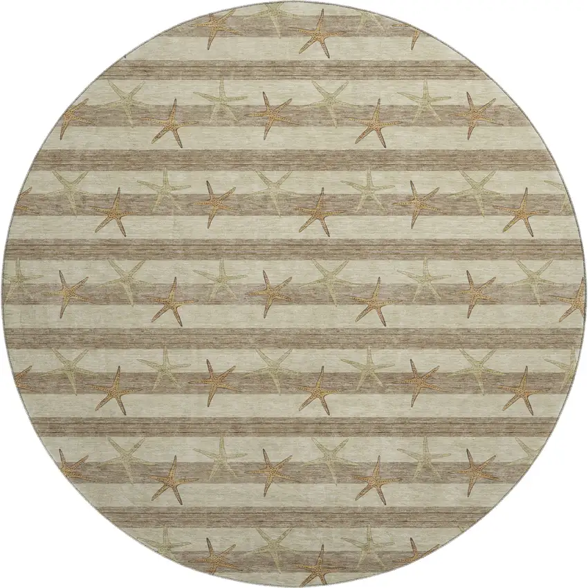 8' Tan Gold And Beige Geometric Washable Round Rug With UV Protection Photo 1