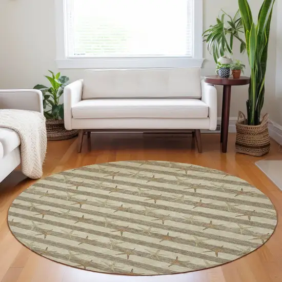 8' Tan Gold And Beige Geometric Washable Round Rug With UV Protection Photo 5