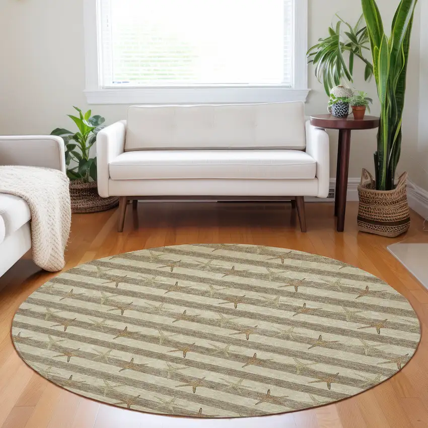 8' Tan Gold And Beige Geometric Washable Round Rug With UV Protection Photo 5