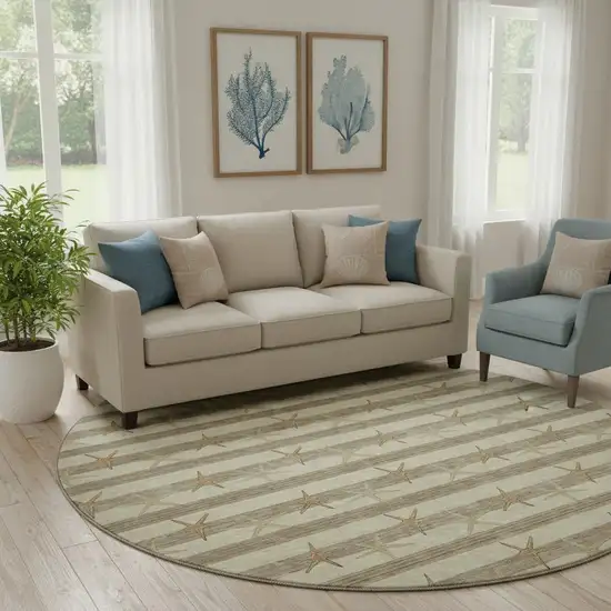 8' Tan Gold And Beige Geometric Washable Round Rug With UV Protection Photo 1