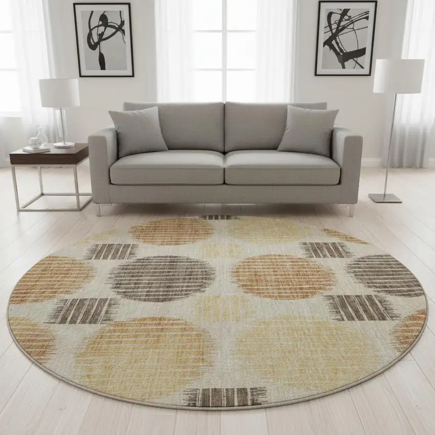 8' Tan Gold And Brown Geometric Washable Round Rug With UV Protection Photo 2
