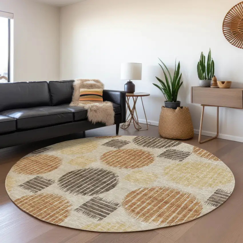 8' Tan Gold And Brown Geometric Washable Round Rug With UV Protection Photo 5