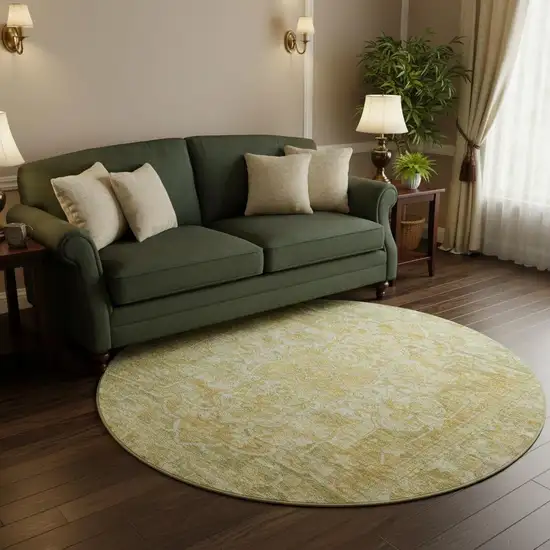8' Tan Gold And Ivory Oriental Washable Round Rug With UV Protection Photo 2