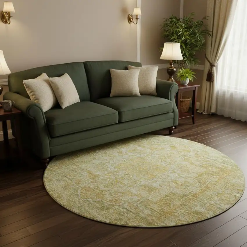 8' Tan Gold And Ivory Oriental Washable Round Rug With UV Protection Photo 2