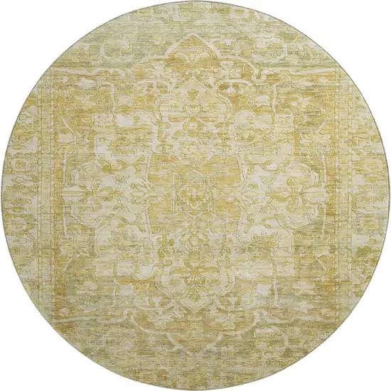 8' Tan Gold And Ivory Oriental Washable Round Rug With UV Protection Photo 1