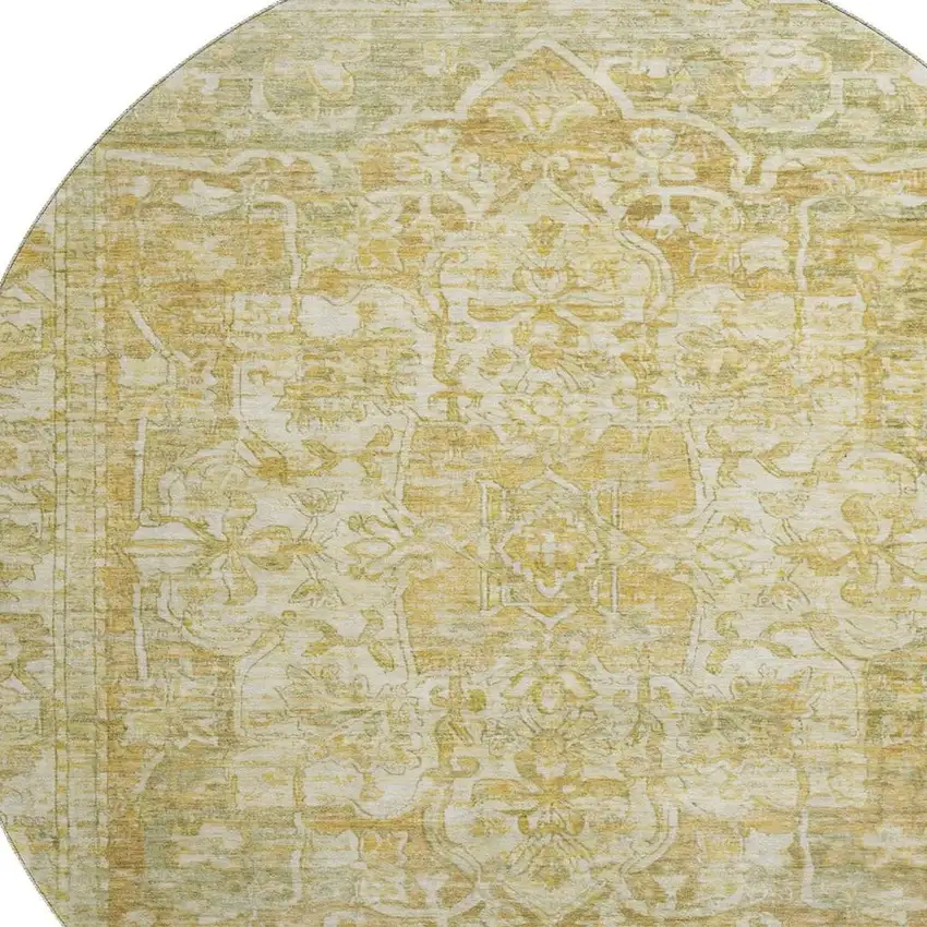 8' Tan Gold And Ivory Oriental Washable Round Rug With UV Protection Photo 2