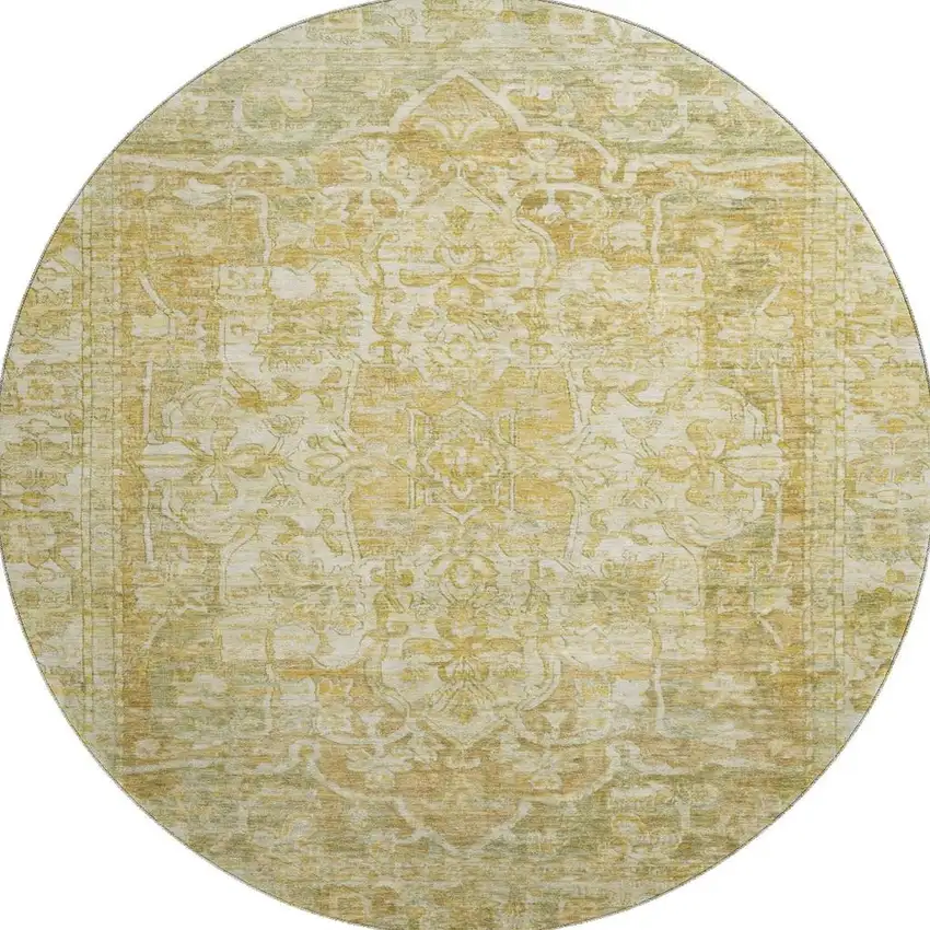 8' Tan Gold And Ivory Oriental Washable Round Rug With UV Protection Photo 3