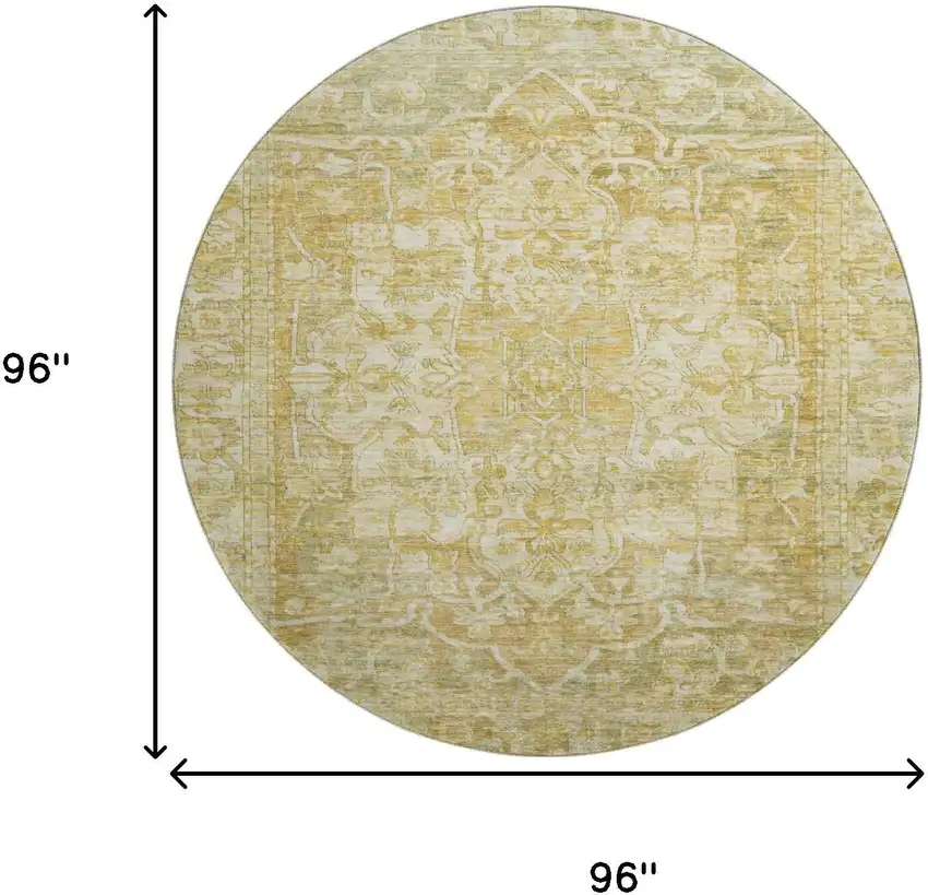 8' Tan Gold And Ivory Oriental Washable Round Rug With UV Protection Photo 9
