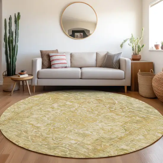 8' Tan Gold And Ivory Round Floral Medallion Washable Indoor Outdoor Area Rug Photo 7