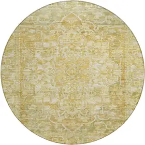 Photo of 8' Tan Gold And Ivory Round Floral Medallion Washable Indoor Outdoor Area Rug