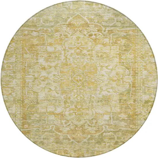 8' Tan Gold And Ivory Round Floral Medallion Washable Indoor Outdoor Area Rug Photo 1