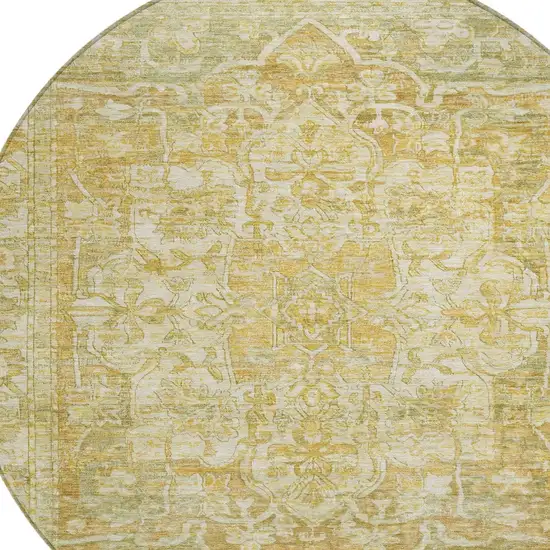 8' Tan Gold And Ivory Round Floral Medallion Washable Indoor Outdoor Area Rug Photo 8
