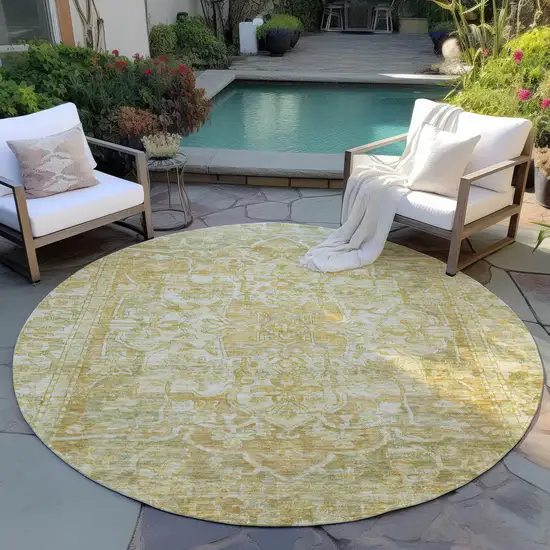 8' Tan Gold And Ivory Round Floral Medallion Washable Indoor Outdoor Area Rug Photo 6