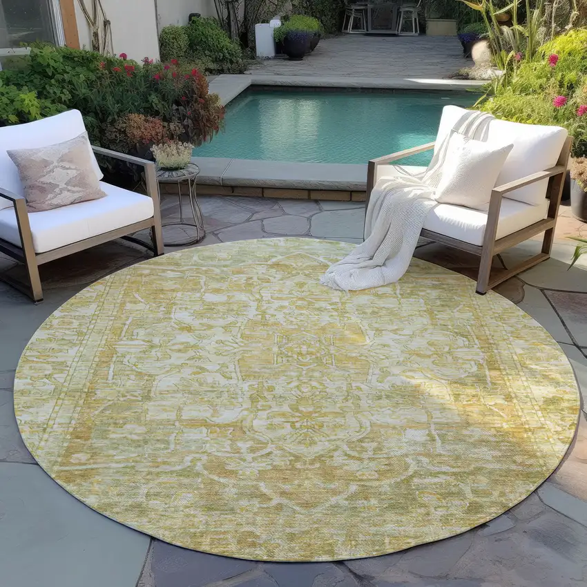 8' Tan Gold And Ivory Round Floral Medallion Washable Indoor Outdoor Area Rug Photo 6
