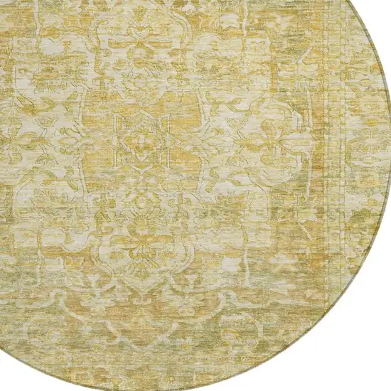 8' Tan Gold And Ivory Round Floral Medallion Washable Indoor Outdoor Area Rug Photo 4