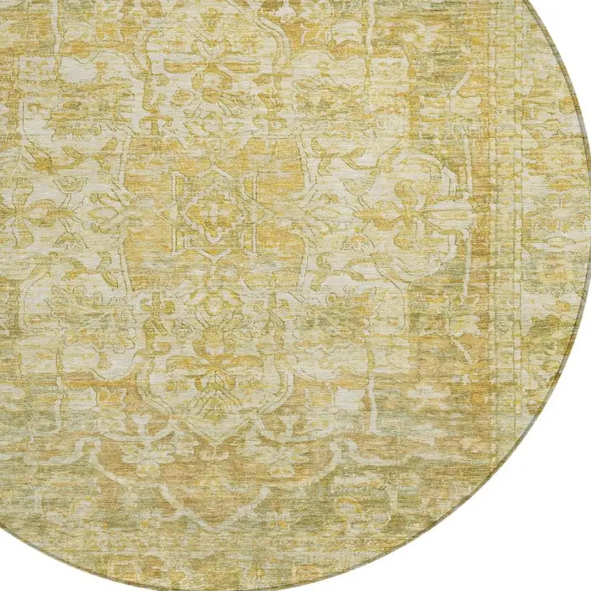 8' Tan Gold And Ivory Round Floral Medallion Washable Indoor Outdoor Area Rug Photo 4