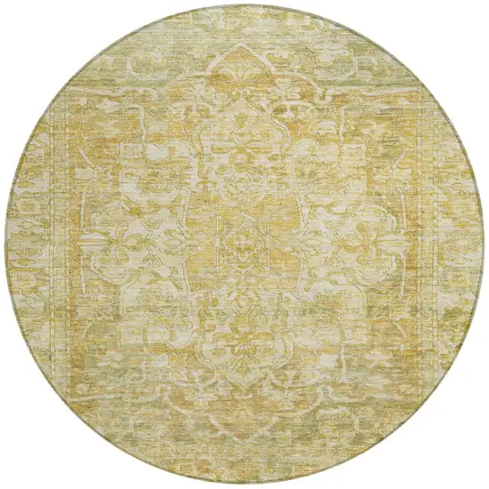 8' Tan Gold And Ivory Round Floral Medallion Washable Indoor Outdoor Area Rug Photo 3