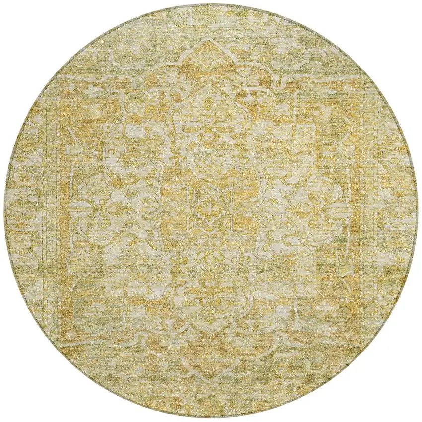 8' Tan Gold And Ivory Round Floral Medallion Washable Indoor Outdoor Area Rug Photo 3