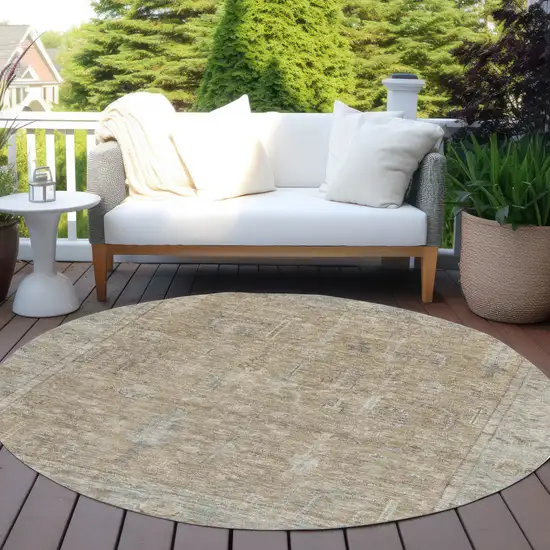 8' Tan Gray And Brown Round Oriental Washable Indoor Outdoor Area Rug Photo 6