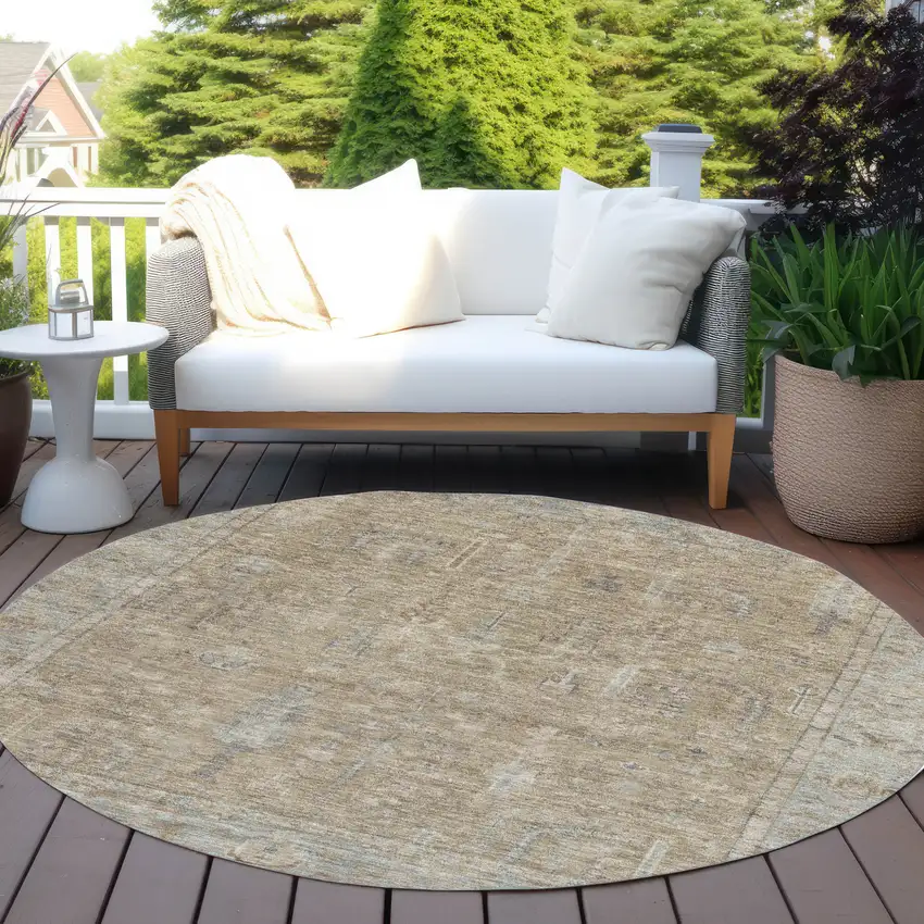8' Tan Gray And Brown Round Oriental Washable Indoor Outdoor Area Rug Photo 6