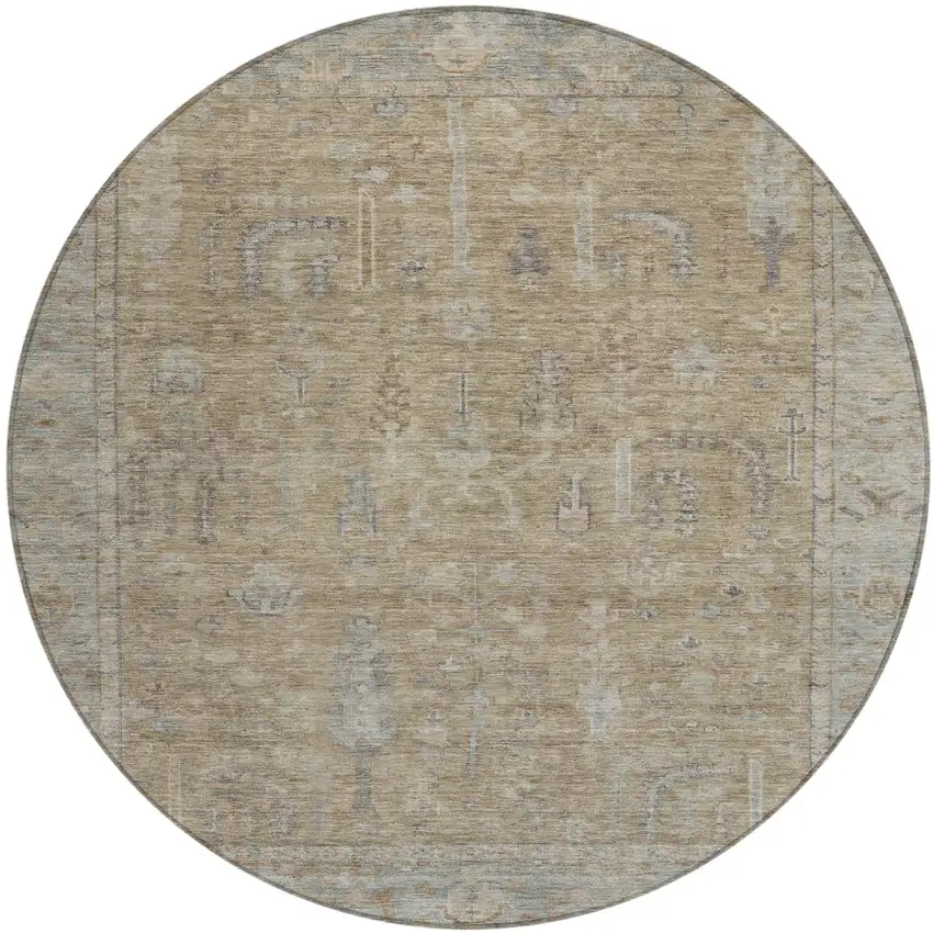 8' Tan Gray And Brown Round Oriental Washable Indoor Outdoor Area Rug Photo 2