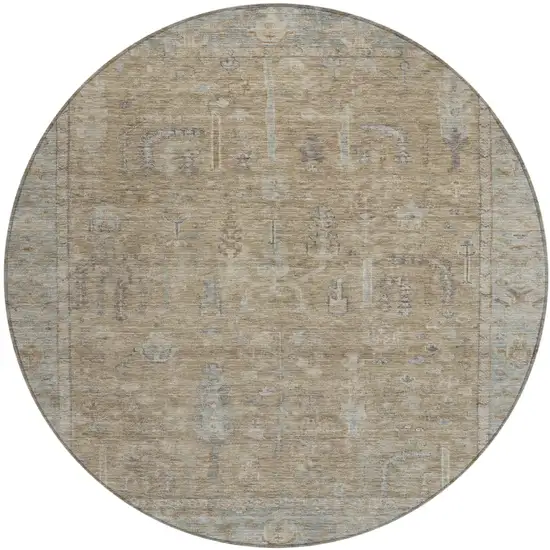 8' Tan Gray And Brown Round Oriental Washable Indoor Outdoor Area Rug Photo 2